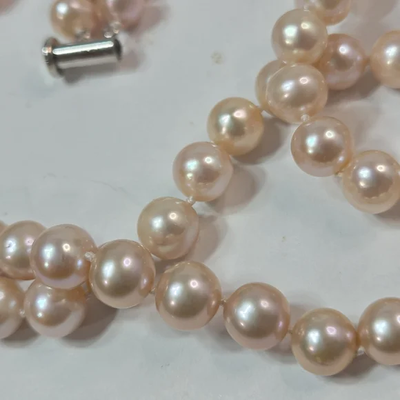 authentic akoya 2 strand high luster pink pearl necklace 8mm barrel slide clasp